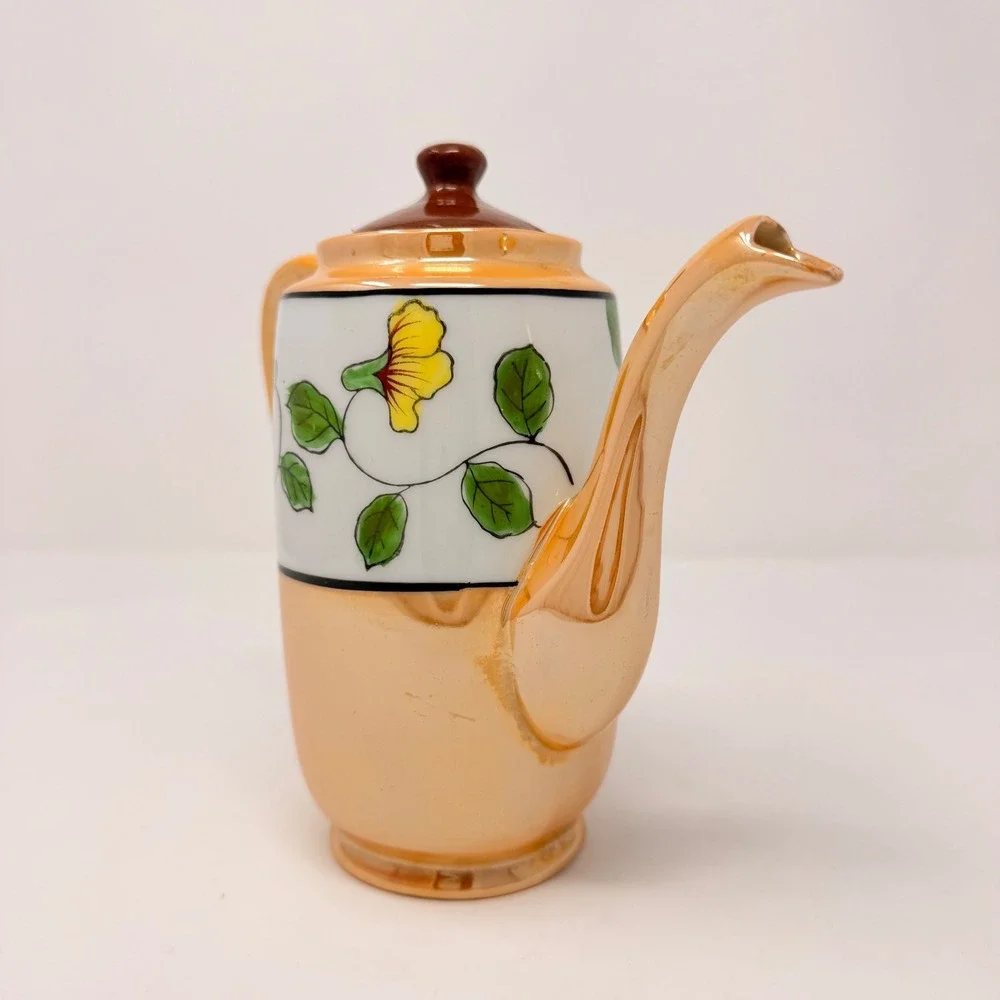 Vintage Japanese Lusterware Teapot Peach Hand Painted Parrot‎ Floral Made Japan
